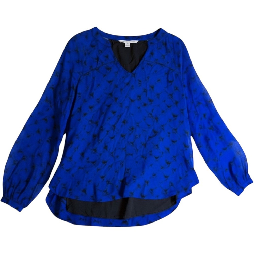Diane von Furstenberg DVF Blue Silk Bird Print V-Neck Blouse Top Size 8